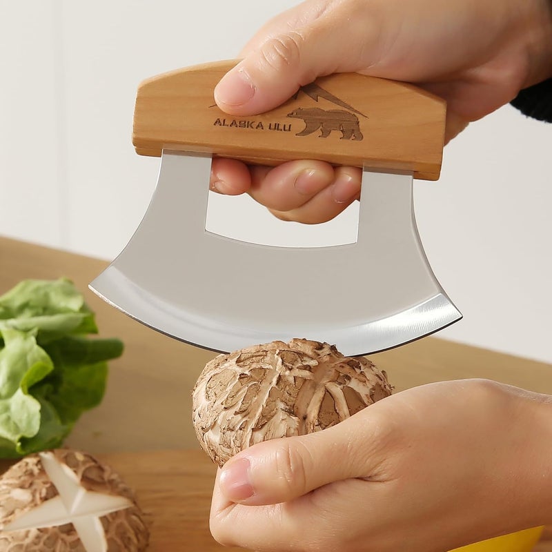 WiuCYS 5inch Alaskan Mezzaluna Ulu Knife, Salad Veggies Rocker Chopper Slicer Cutter Hashing Chopping Mincing Cleaver with Wooden Stand Arthritic Tool - Image 5